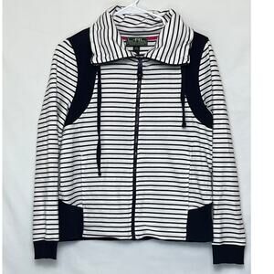 L-RL Lauren Active Women’s L Blue White Stripe Zip Jacket Pink Accent Mock Neck